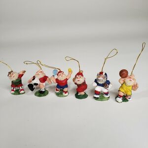 6 Miniature 1.25" Santa Playing Sports Christmas Ornaments Football Basketball
